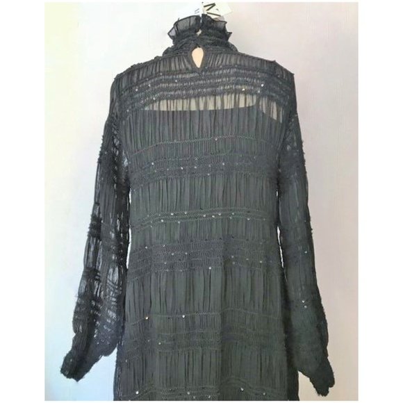 ZARA BLACK RUCHED SEQUIN HIGH NECK LONG SLEEVE MAXI DRESS S NWT - Picture 9 of 13